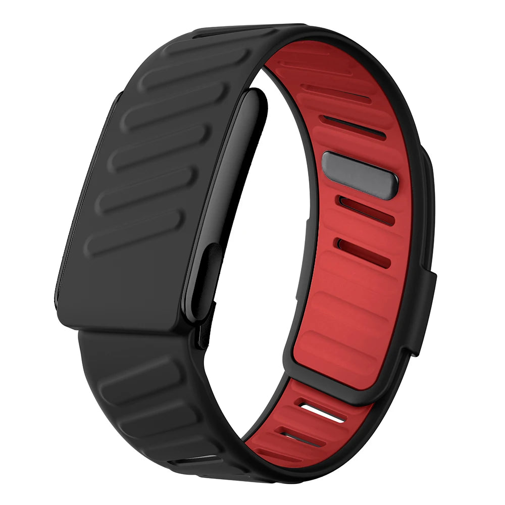 PULSE — bracelet silicone noir et rouge, vue de trois quarts